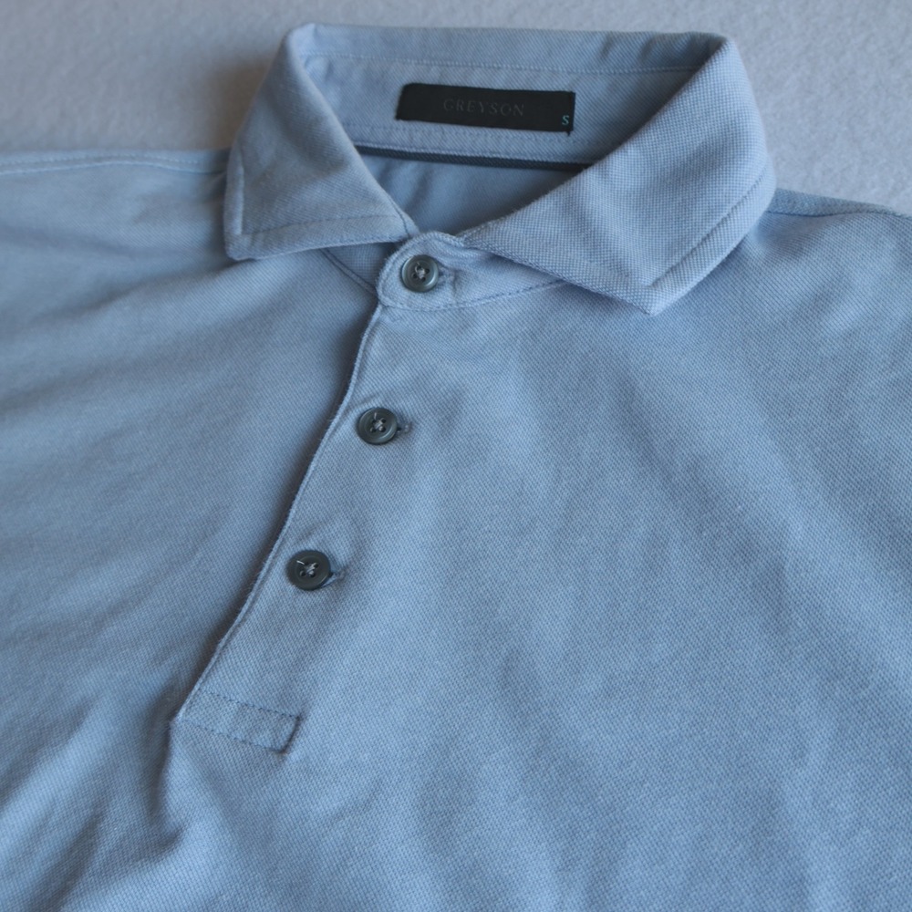 Greyson Mens Light Blue Short Sleeve Performance Pique Polo Shirt Small Logo